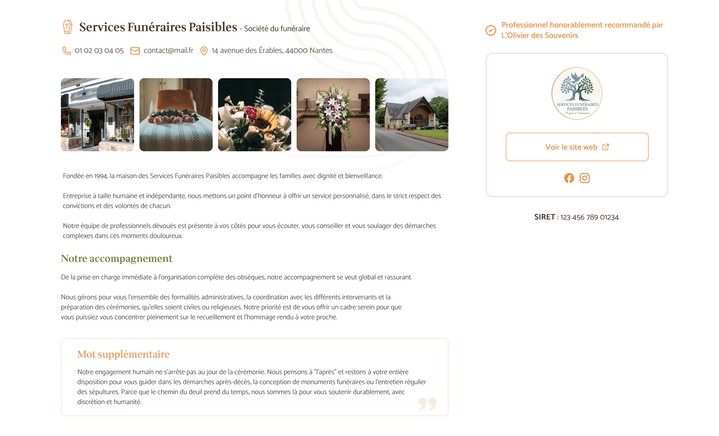 Aperçu d'une fiche professionnelle L'Olivier des
                    Souvenirs